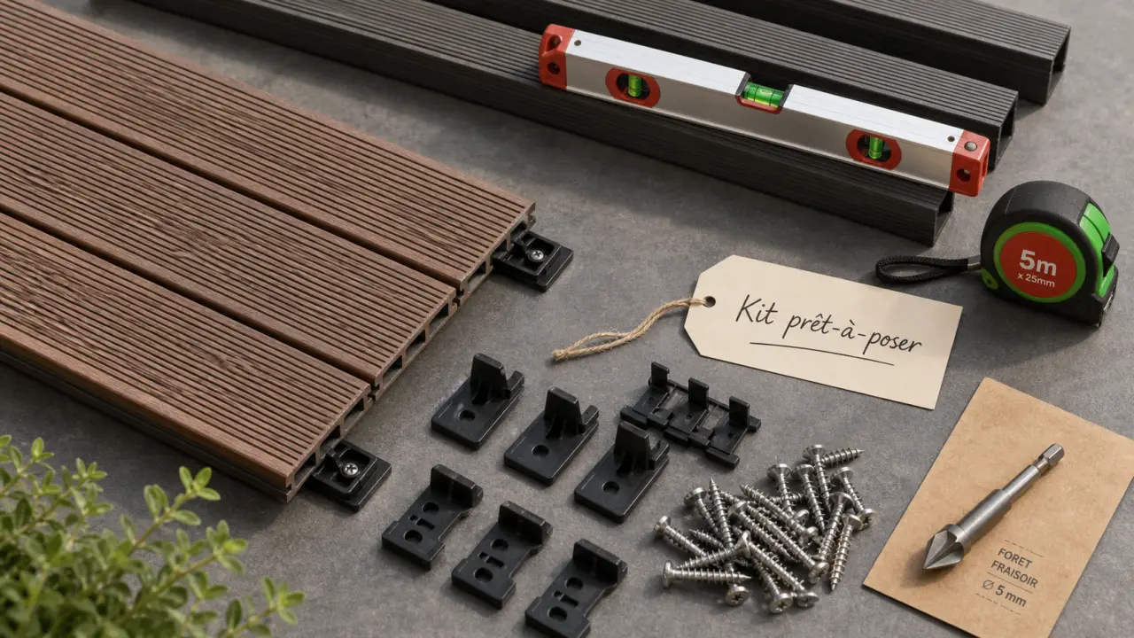 Kit terrasse prêt à poser : lames bois/composite et accessoires de pose