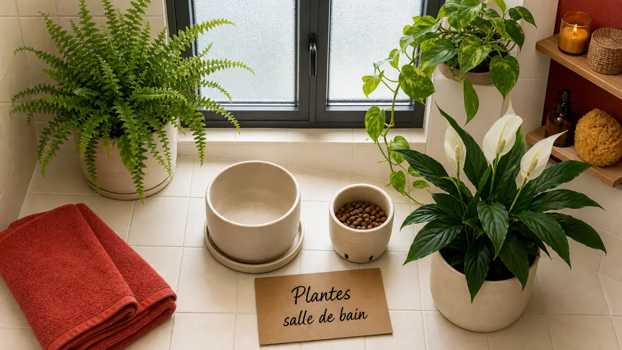 Plantes faciles pour salle de bain : fougère, pothos retombant et spathiphyllum