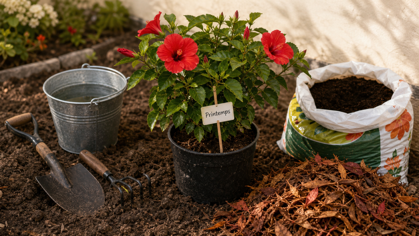 Quand planter un hibiscus en pleine terre : plant en pot, pelle, paillage, terre humide