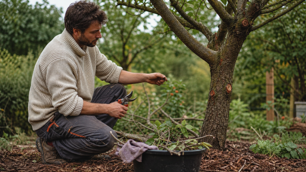Quand tailler les cerisiers : jardinier taille un cerisier après récolte, sécateur et rameaux