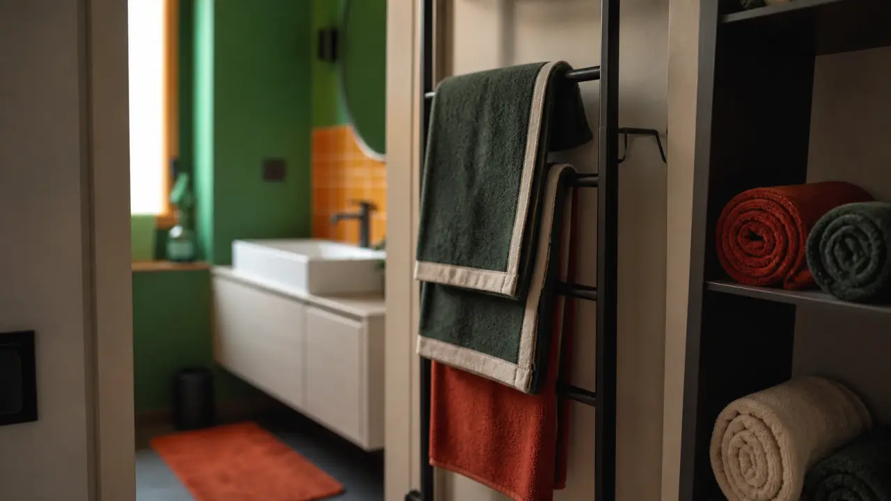 Rangement serviette salle de bain : porte-serviettes mural avec serviettes pliées