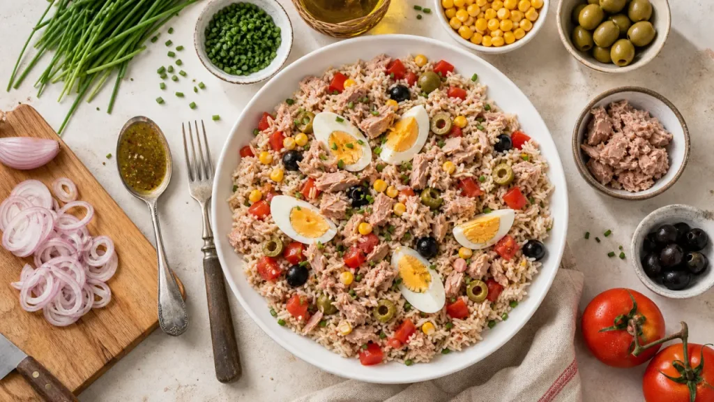 Recette salade de riz au thon : salade de riz au thon, tomates, maïs et vinaigrette