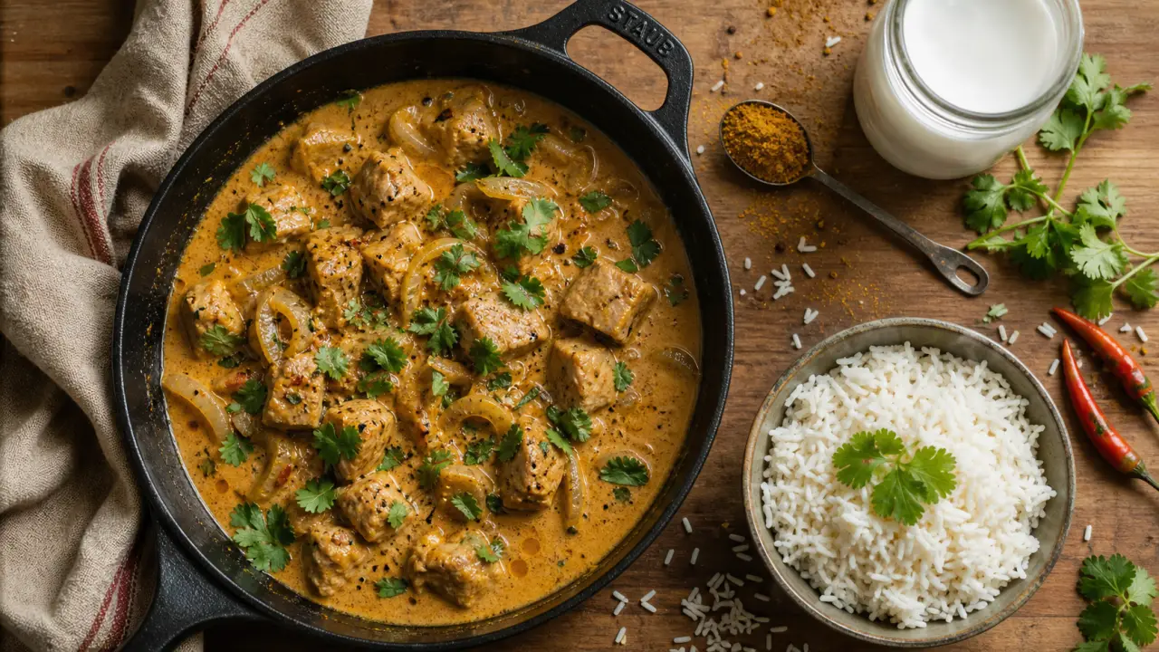 Recette sauté de porc curry : cubes de porc au lait de coco