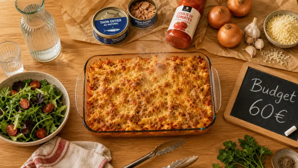 Repas pas cher pour 12 personnes : gratin pâtes au thon sur table