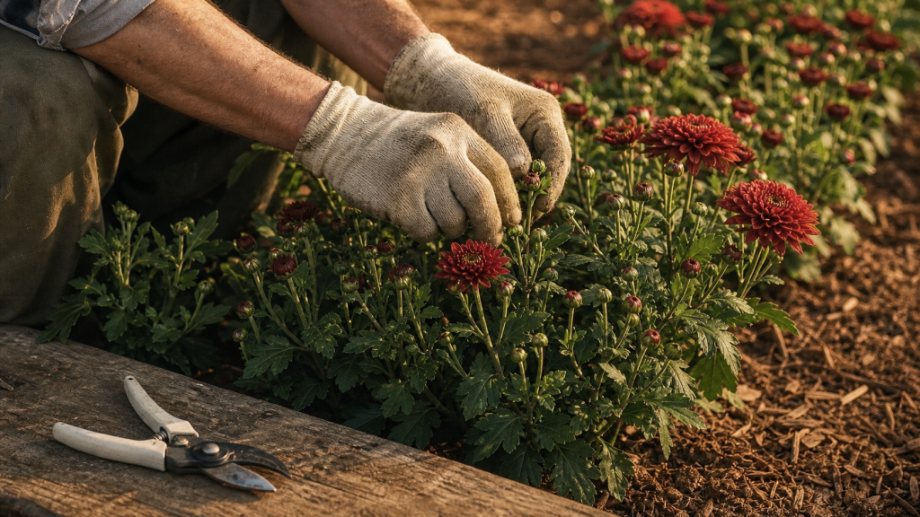Taille chrysanthème : pincement des tiges pour floraison dense