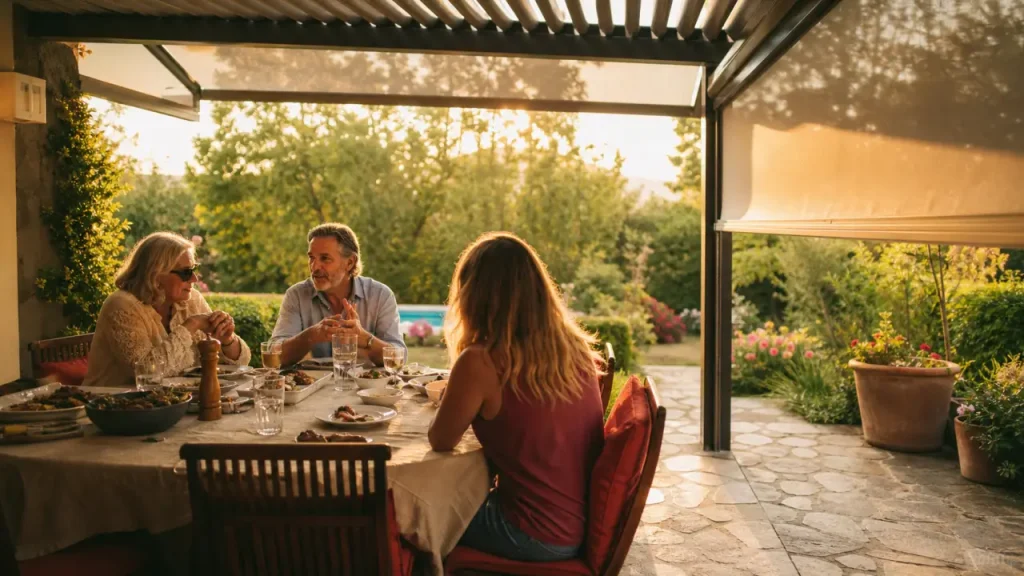 Terrasse couverte maison avec pergola aluminium et jardin verdoyant