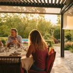 Terrasse couverte maison avec pergola aluminium et jardin verdoyant