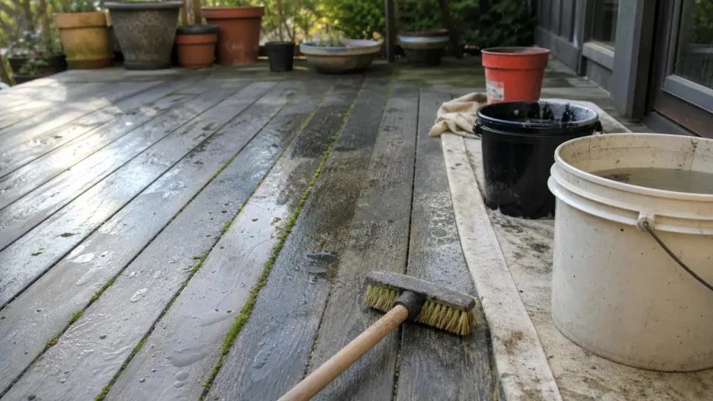 Terrasse nettoyage bois : mousse dans les joints et noirceur en cours de nettoyage