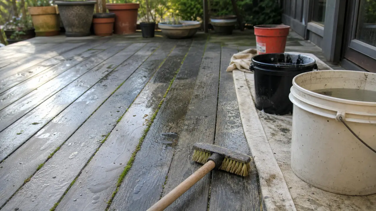 Terrasse nettoyage bois : mousse dans les joints et noirceur en cours de nettoyage