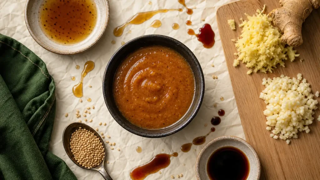 Vinaigrette asiatique au sésame : sauce soja, vinaigre de riz et huile grillée