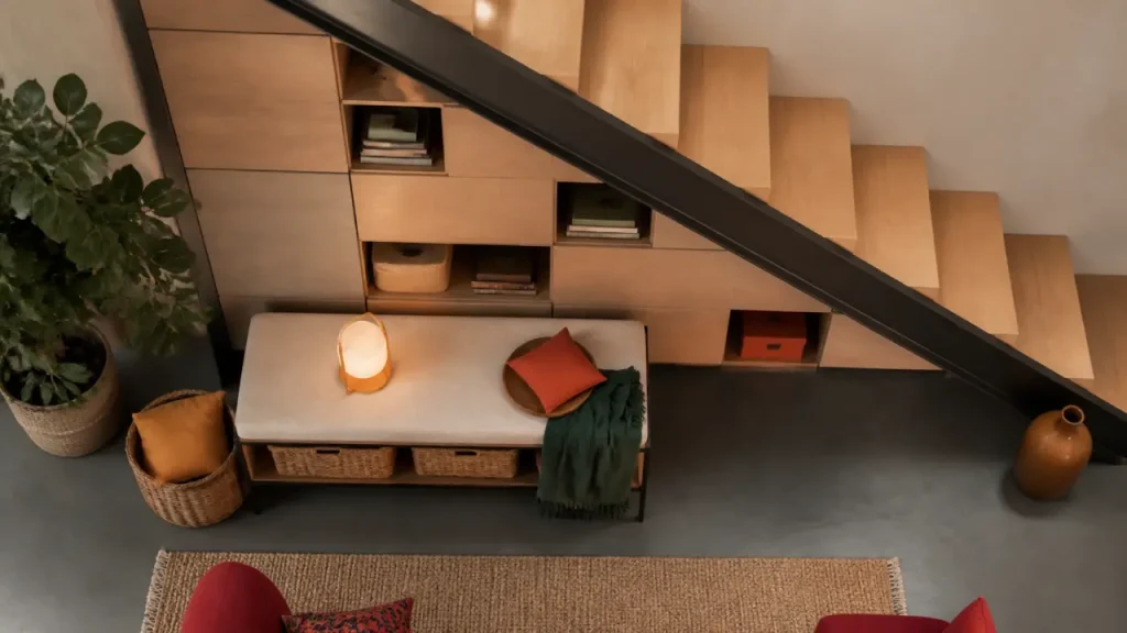 Aménagement sous escalier ouvert : rangement et coin lecture sous escalier