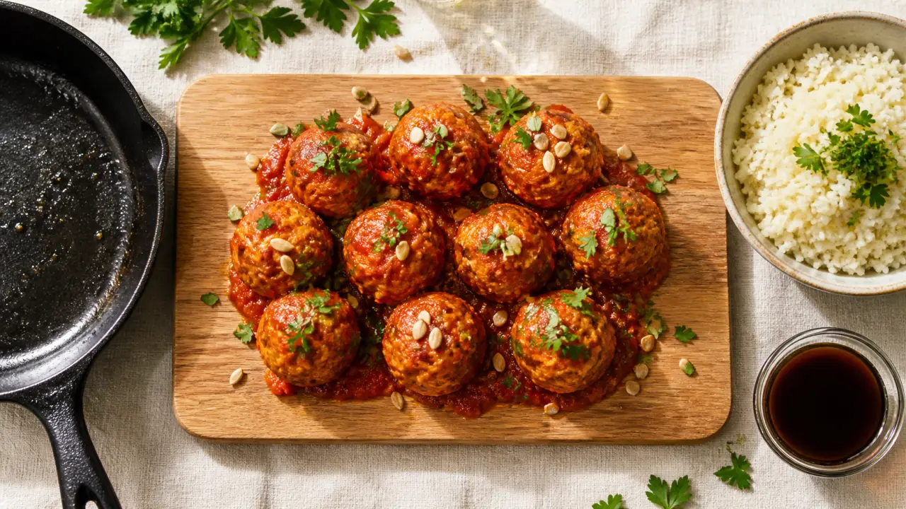 Boulettes vegetales moelleuses, sauce tomate et herbes, en 30 min