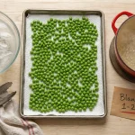 Congeler petit pois frais : planche, eau glacée et eau bouillante pour blanchir 1-2 min