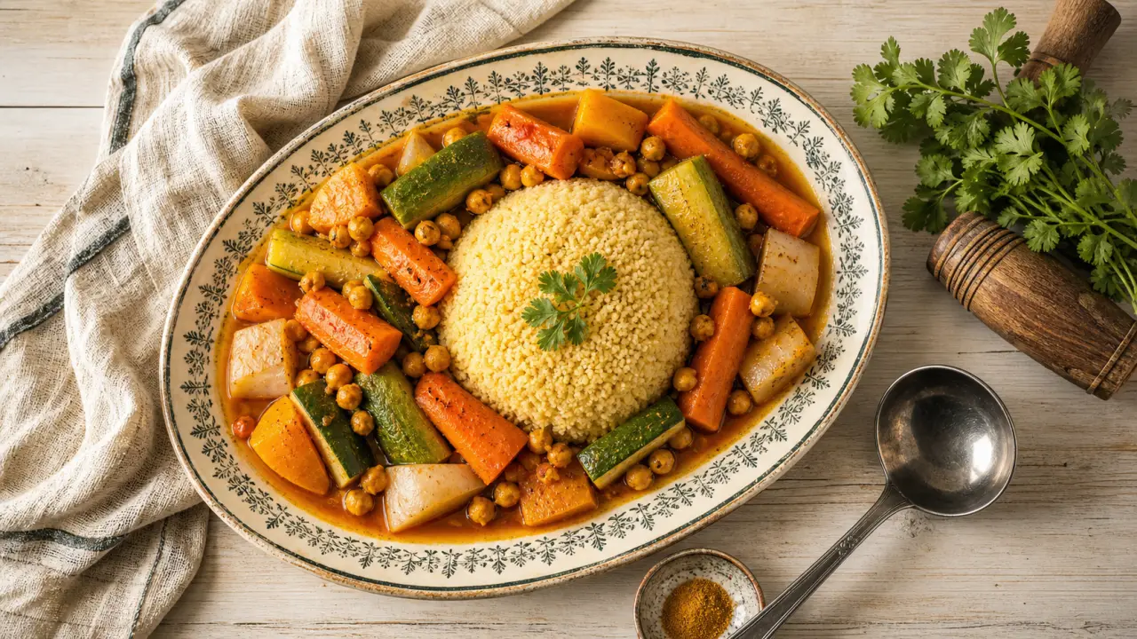 Couscous legumes recette : semoule et légumes au bouillon ambré aux épices