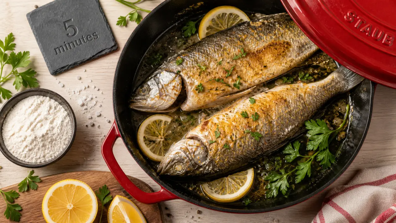 Cuisson truite poele, 5 minutes par face, feu doux à moyen