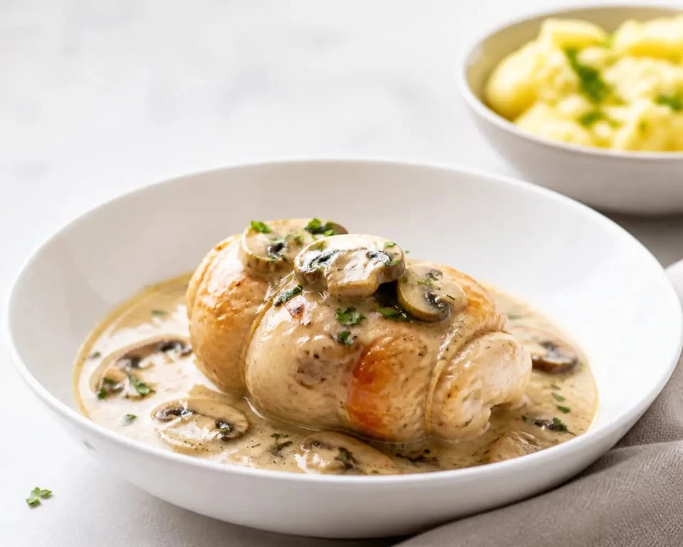Recette paupiette de poulet à la crème et aux champignons dressée en assiette familiale