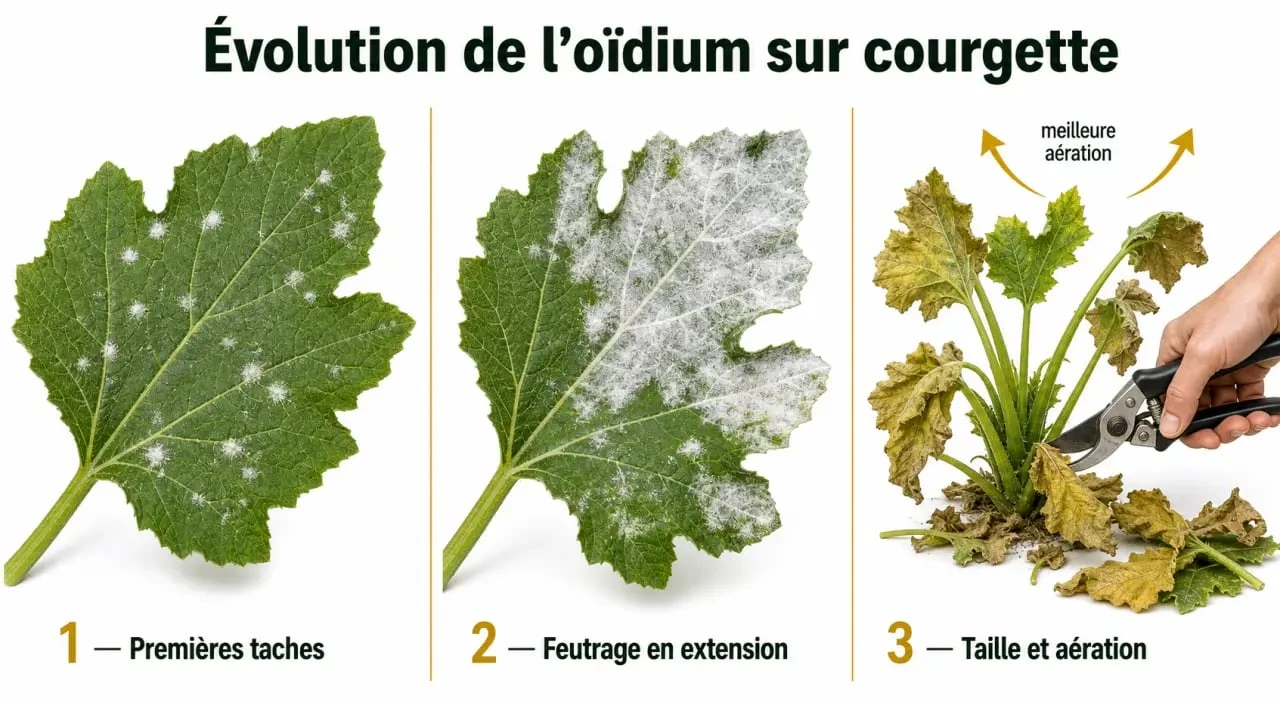 Traitement oidium courgette : évolution des symptômes et gestes à faire sur feuille de courgette