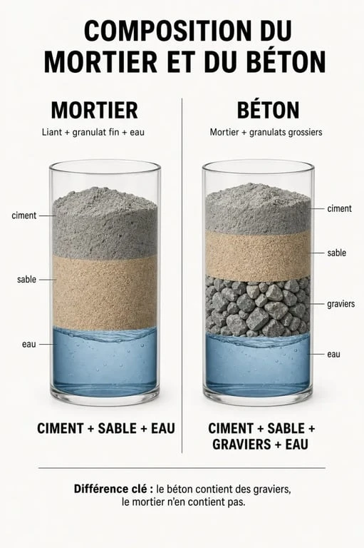 Infographie comparative de la composition du mortier et du béton pour vos travaux de maçonnerie