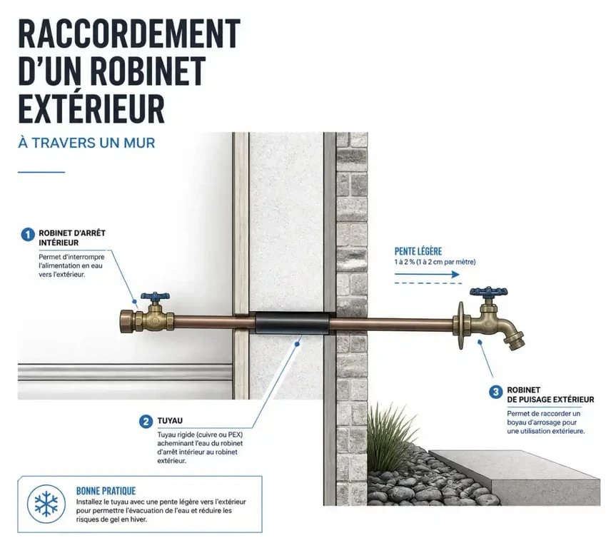 Schéma d'installation d'un robinet extérieur pour le jardin
