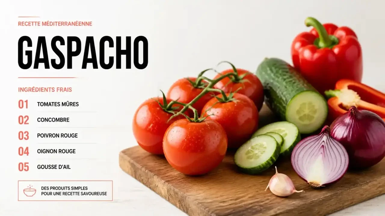 Ingrédients pour préparer un gaspacho tomate concombre maison