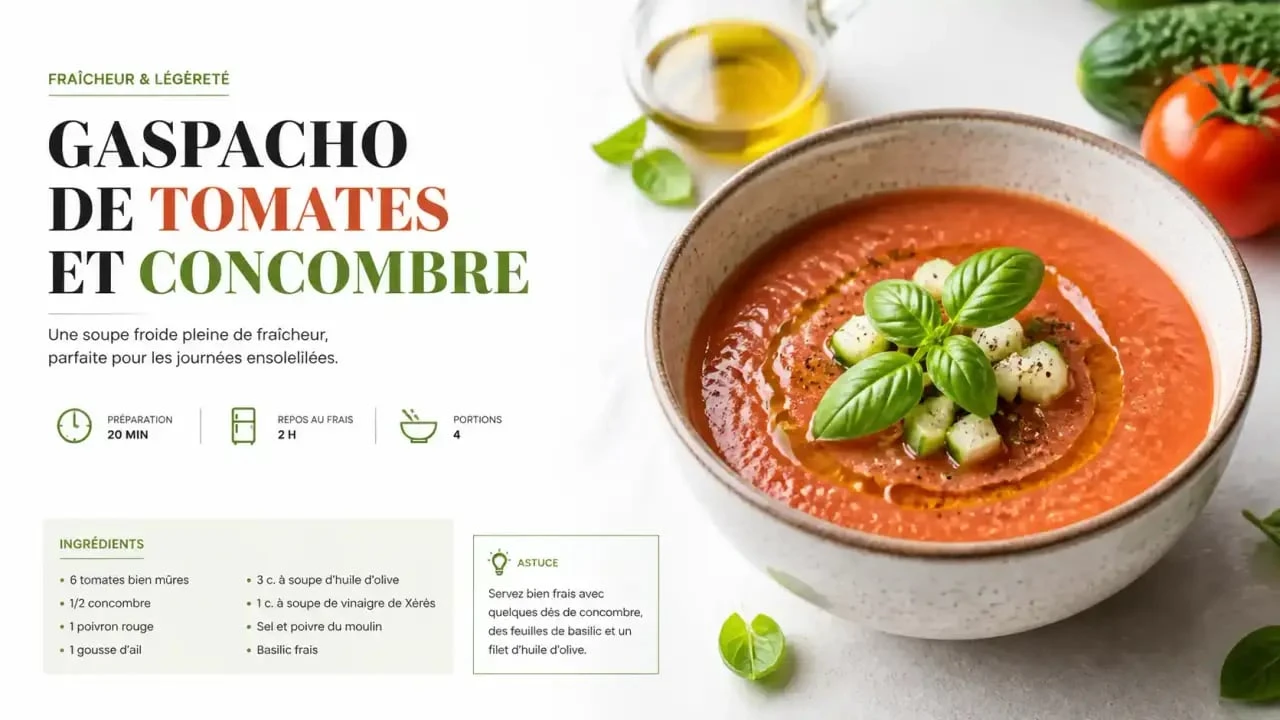Gaspacho tomate concombre frais et décoré
