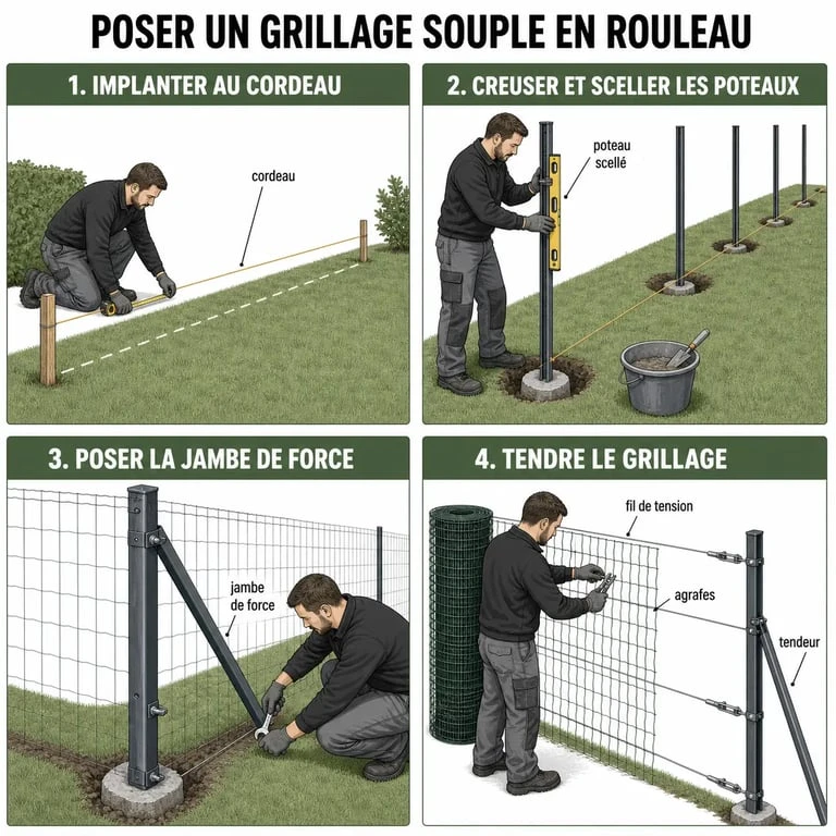 Poser du grillage : schéma des étapes de pose d’une clôture souple, du scellement des poteaux à la tension finale