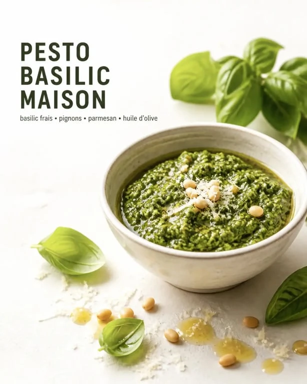 Recette pour pesto basilic maison dans un bol avec basilic frais, pignons de pin et parmesan