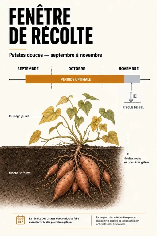Quand récolter les patates douces : frise visuelle des mois de septembre à novembre avec signes de maturité et avertissement gel