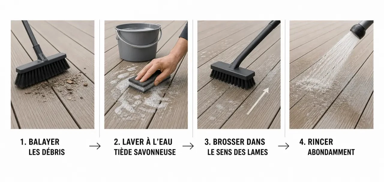 Nettoyer terrasse en composite étape par étape avec balai-brosse et rinçage