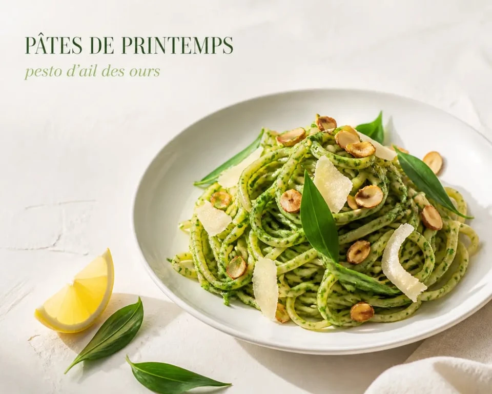 Ail des ours en cuisine : pâtes de printemps au pesto vert servies dans une assiette blanche