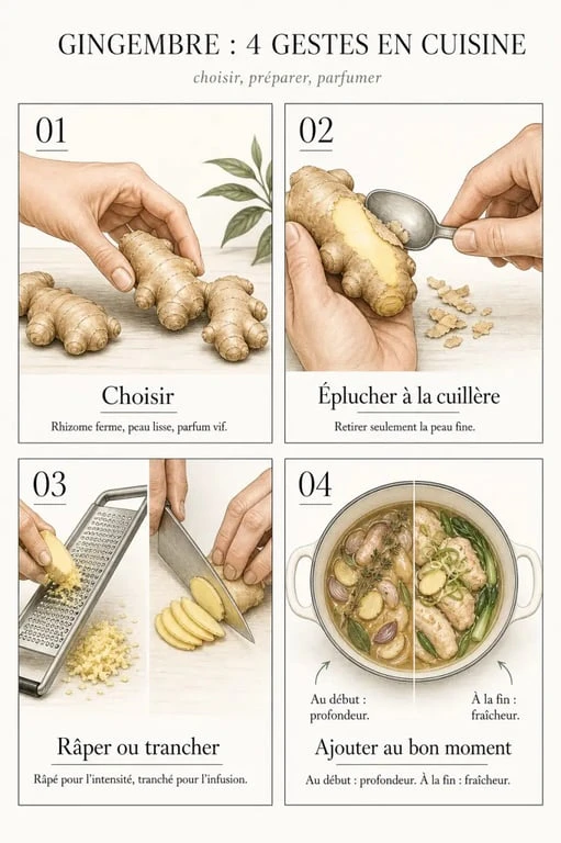 Gingembre cuisine : gestes de préparation, découpe et moment d’ajout
