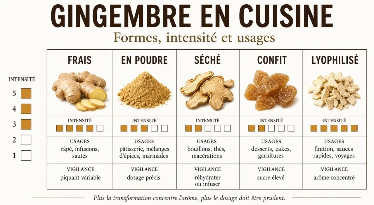 Gingembre cuisine : comparaison des formes frais, poudre, séché, confit et lyophilisé