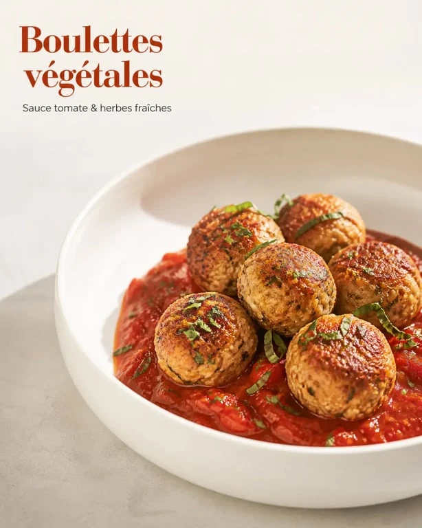 Boulettes vegetales dorées servies avec sauce tomate et herbes fraîches