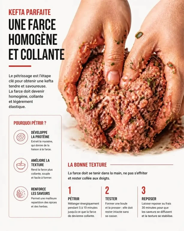 Technique de pétrissage pour réussir la texture de la kefta marocaine