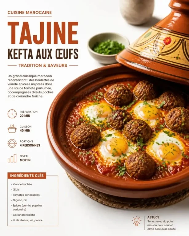 Recette kefta marocaine traditionnelle en tajine avec sauce tomate et œufs