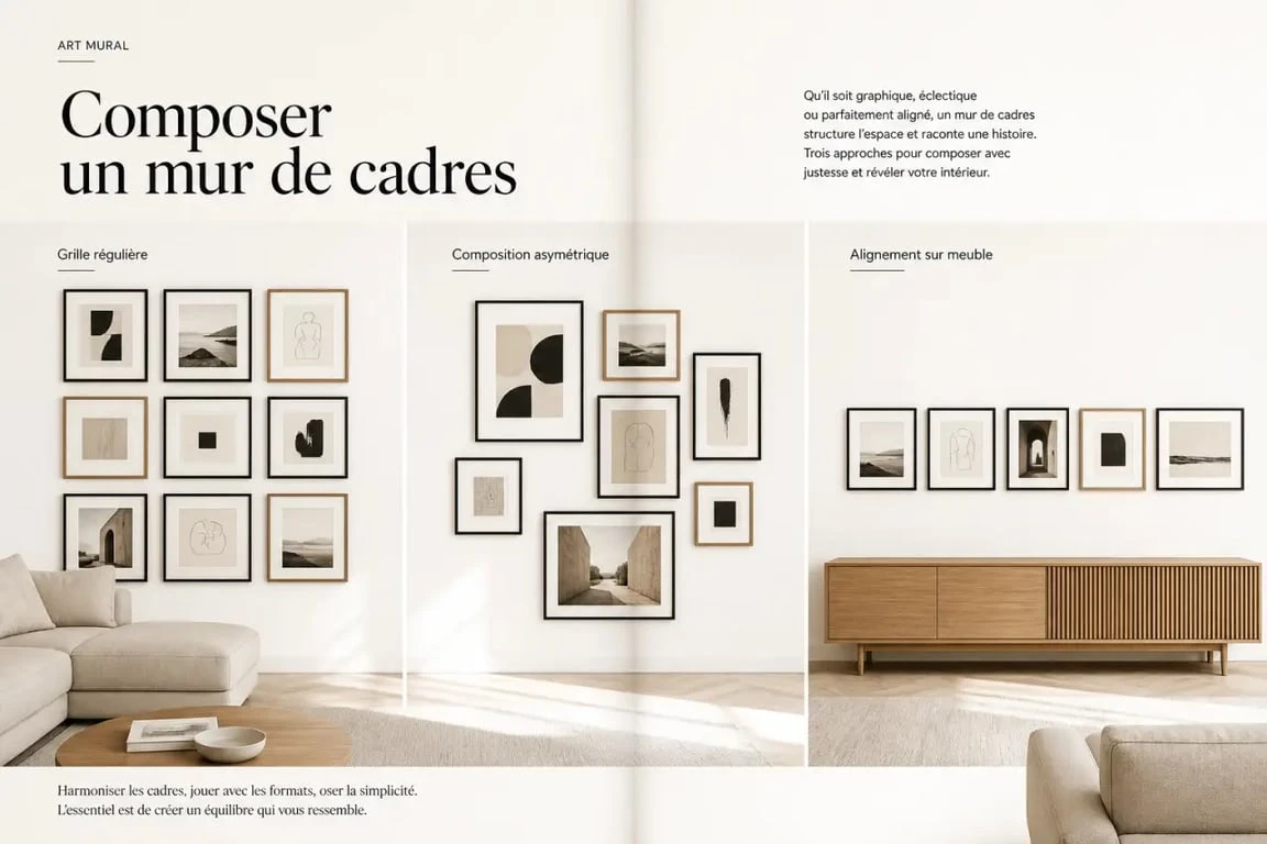 Disposition cadre mural dans un salon avec plusieurs compositions de cadres sur un même mur