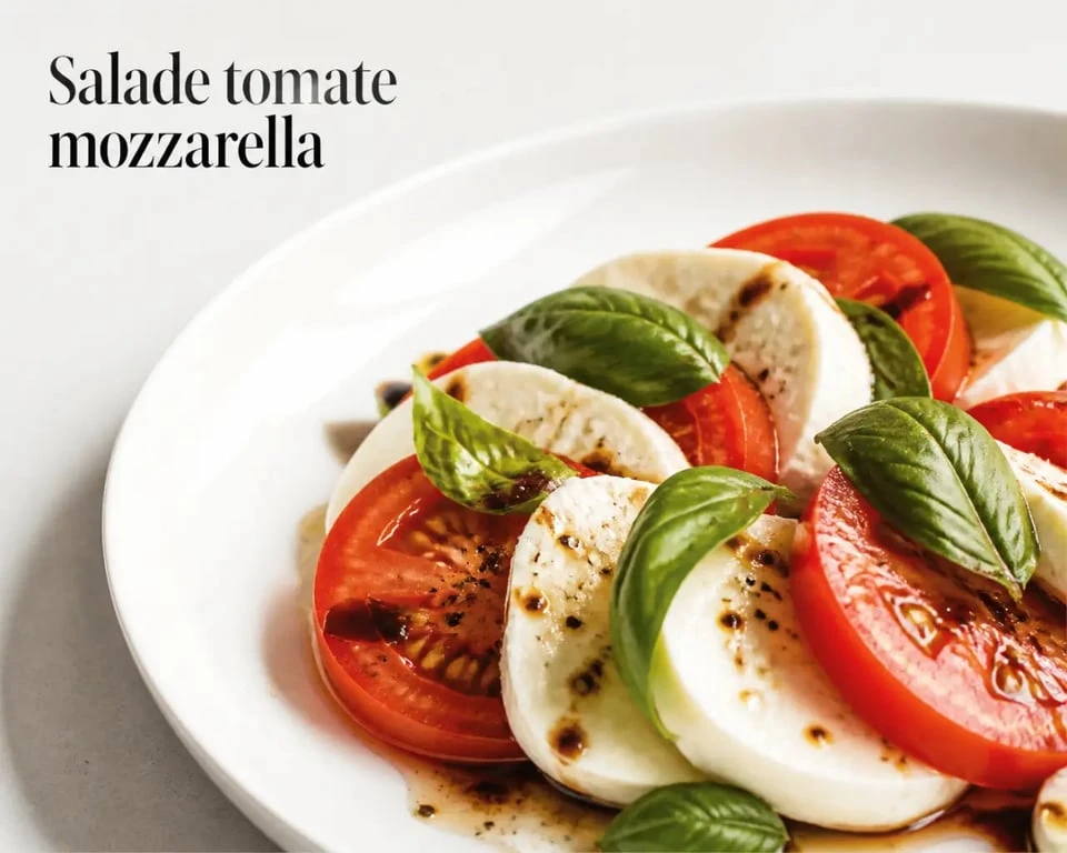 Salade mozzarella tomate dressée avec tomates mûres, mozzarella et basilic sur une assiette