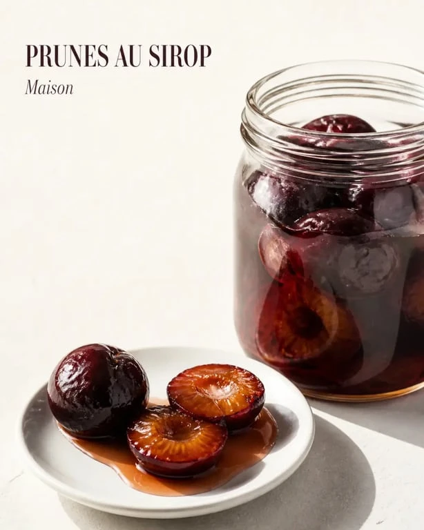 Prunes sirop maison servies en bocal ouvert et en assiette, photo culinaire