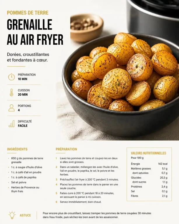 Pommes de terre grenaille croustillantes cuites au air fryer dans un bol