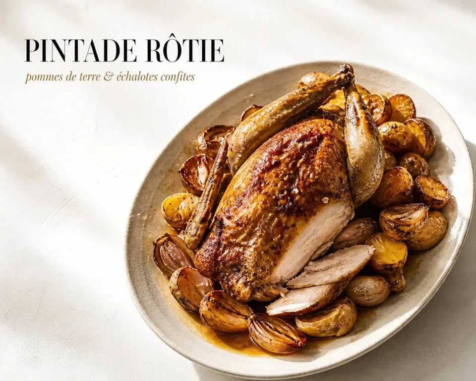 Recette de pintade rôtie au four, servie dorée avec pommes de terre et jus de cuisson