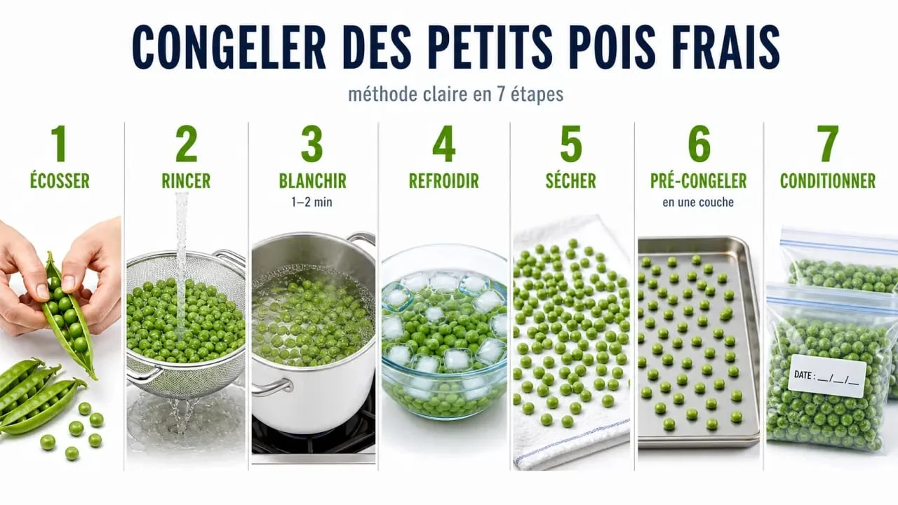 Congeler petit pois frais : schéma des étapes de préparation, blanchiment, séchage, pré-congélation et stockage
