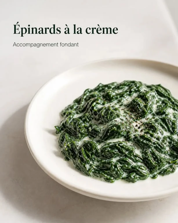 Épinard a la creme surgelé crémeux servi en accompagnement dans une assiette blanche
