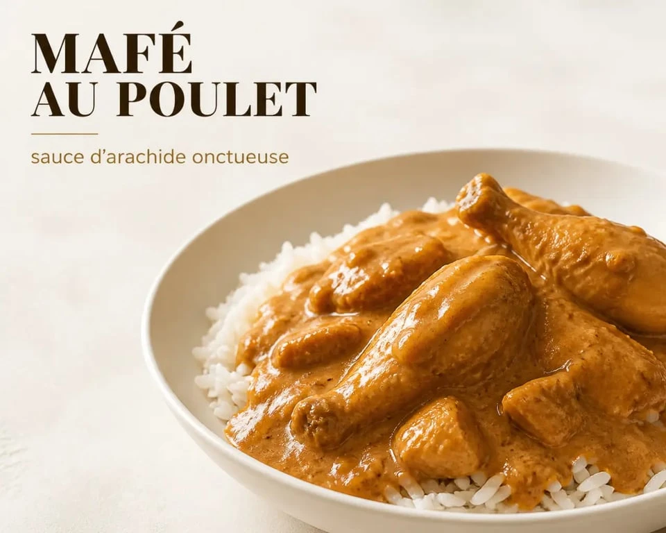 Mafe recette de poulet servi avec riz dans une assiette creuse