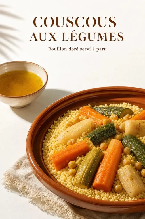 Recette couscous legumes recette dans un grand plat familial avec semoule, légumes et pois chiches