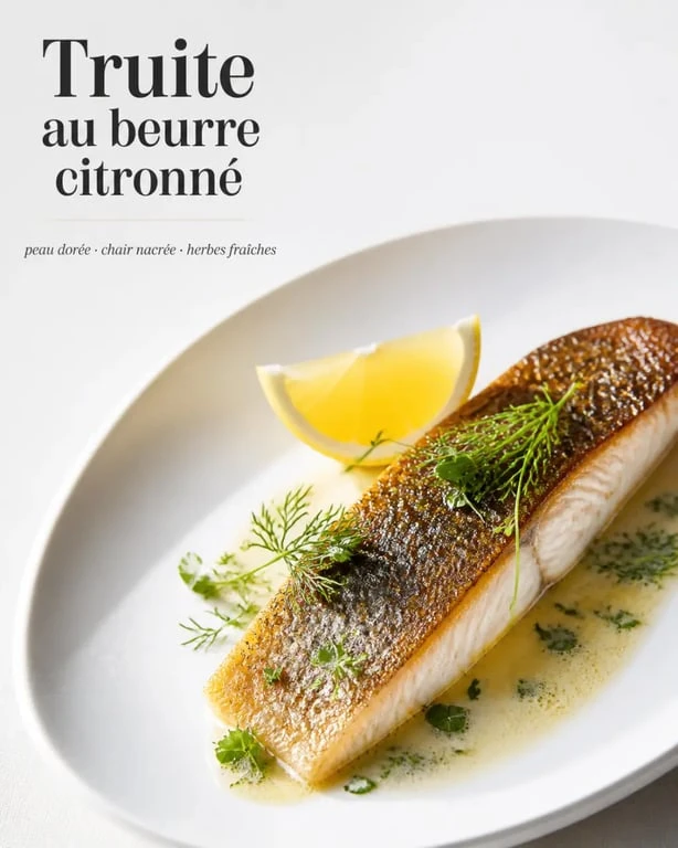 Cuisson truite poele : truite poêlée au beurre citronné servie dans une assiette élégante