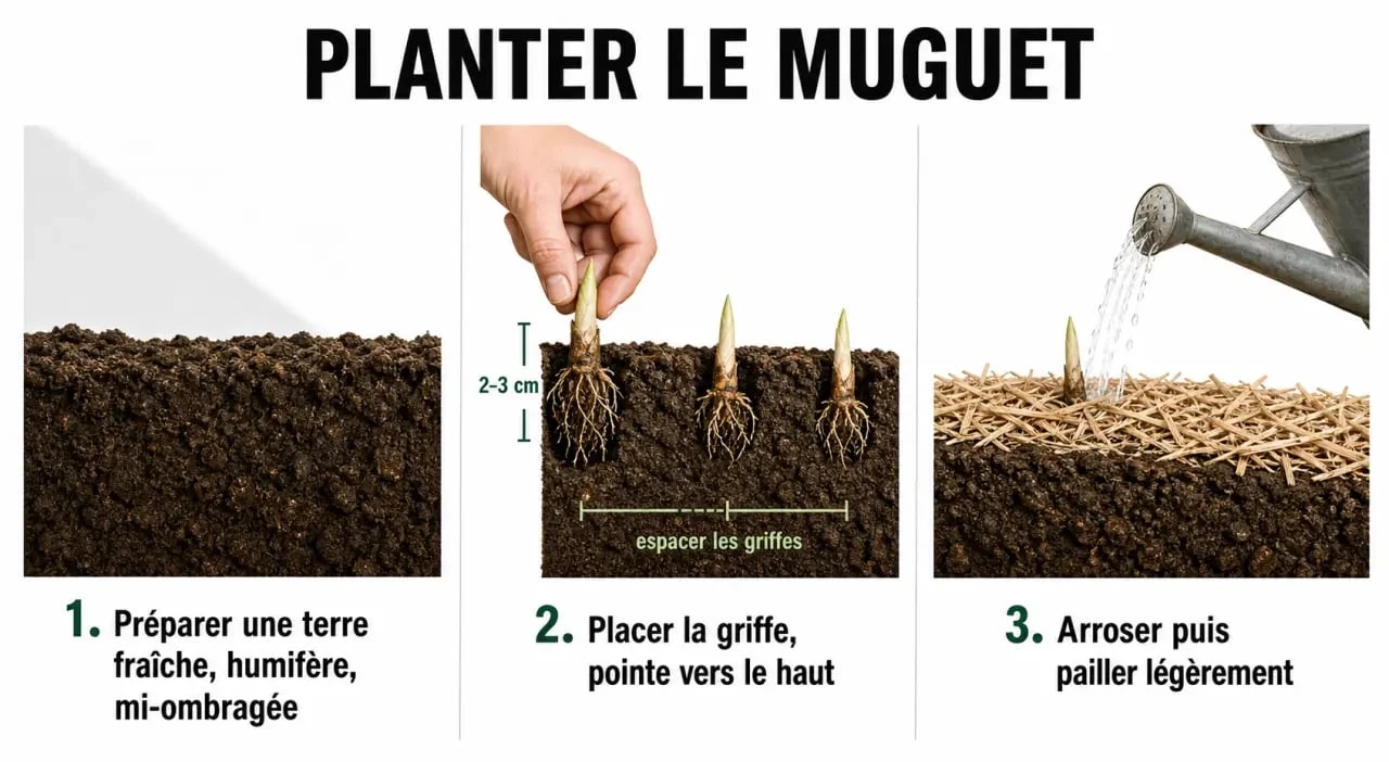 Quand et comment planter le muguet : étapes de plantation avec profondeur de 2 à 3 cm, arrosage et paillage