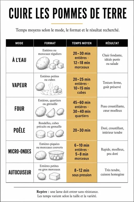 Cuire des pommes de terre : tableau visuel des temps de cuisson par méthode