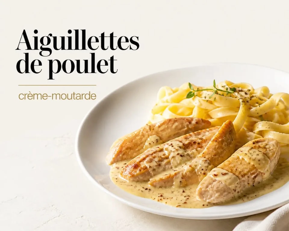 Recette d'aiguillettes de poulet à la crème-moutarde servie dans une assiette élégante