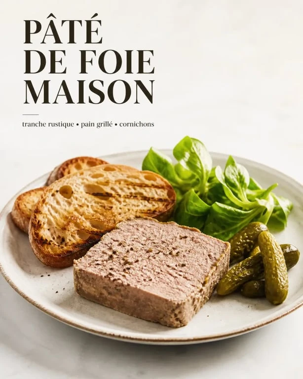Recette du paté de foie maison servie en tranche avec pain de campagne et cornichons