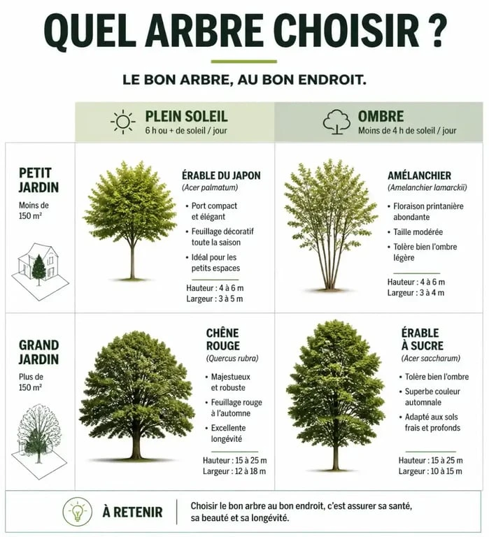 Infographie comparative pour choisir son arbre a planter selon l'exposition et la taille du jardin